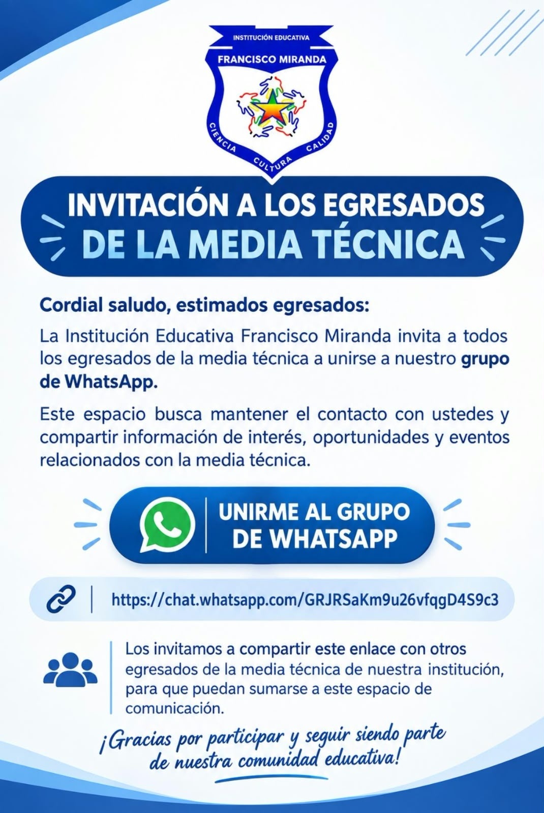Para unirse al grupo, ingresen al siguiente enlace:
https://chat.whatsapp.com/GRJRSaKm9u26vfqgD4S9c3 Los invitamos también a compartir este enlace con otros egresados